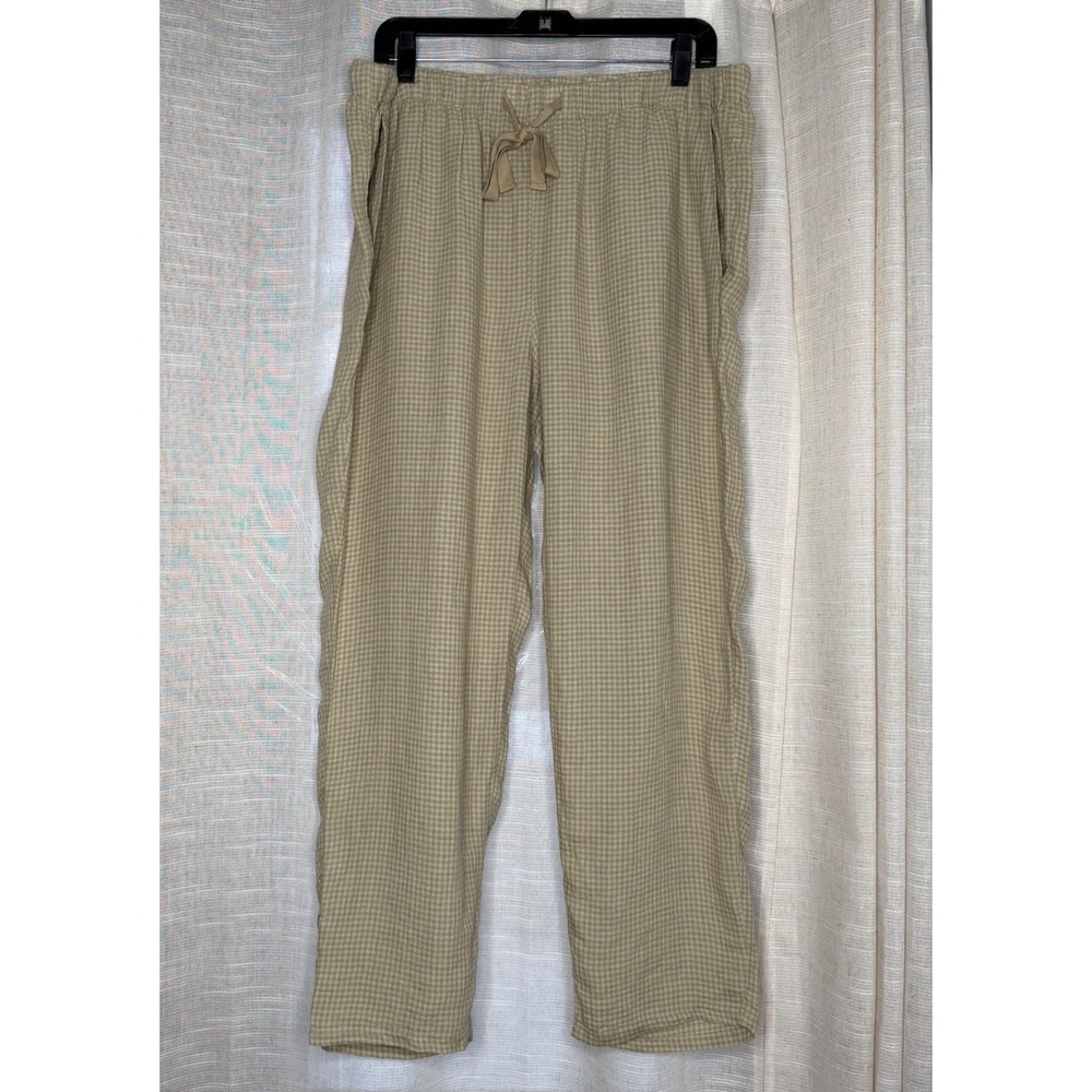 Eileen Fisher 100% Organic Linen Pants Check Plaid Oatmeal Tan Women's LARGE